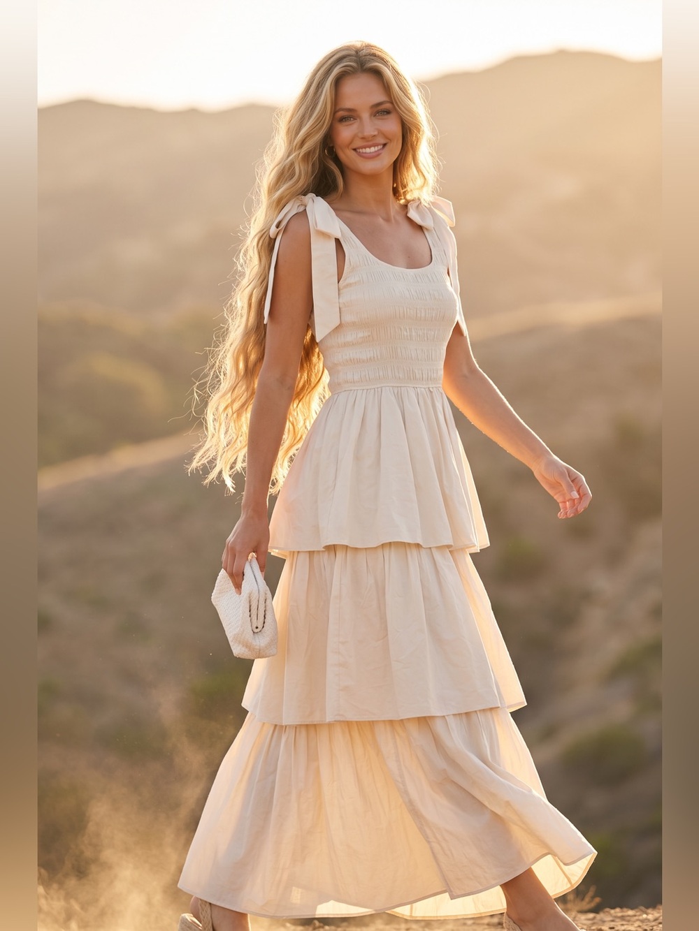 Skies are Blue Tiered Cream Smocked Bodice Dress
